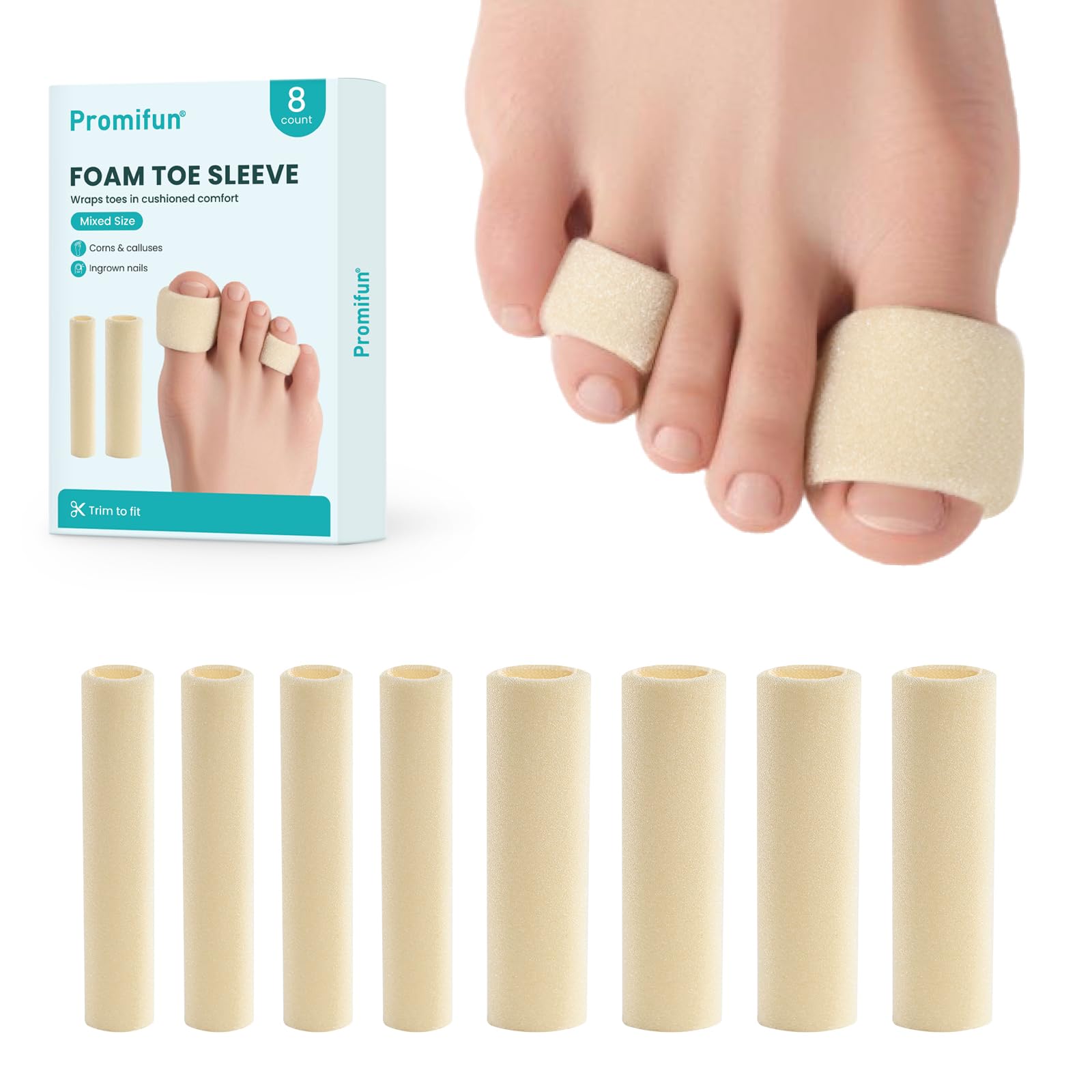 Promifun Cuttable Toe Tubes Sleeves - Foam Toe Protectors for Corns, Calluses, Blisters - Fabric & Breathable Gel Lining Toe Sleeve Protectors Relief Toe Pressure Pain - (4 Large + 4 Small, White)