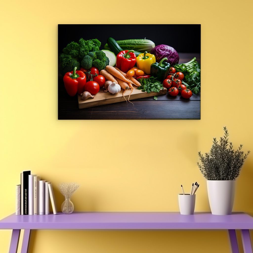 Canvas for Living room. A Bounty of Freshness: An Artful Array of Vegetables on a Rustic Wooden Table, 27 x 18 inch Canvas Wall Art - Ready to Hang