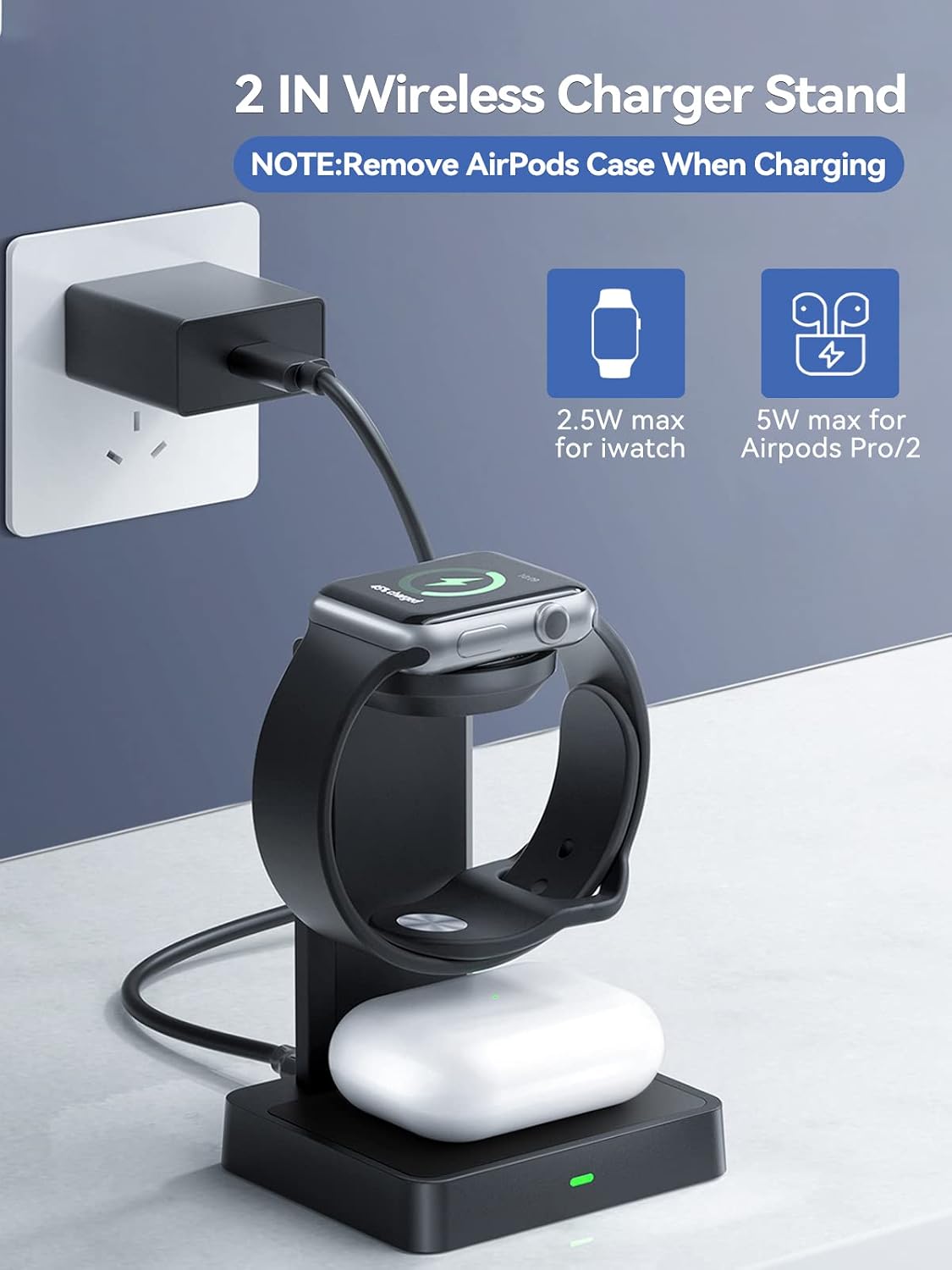 NEWDERY Wireless Charging Station, 2 in 1 Wireless Charger Stand with 2.5W Fast Charger for Apple Watch, for iwatch Series 8 7 SE 6 5 4 3 2 1 and 5W Charger Dock Stand Compatible Airpods Pro 3 2