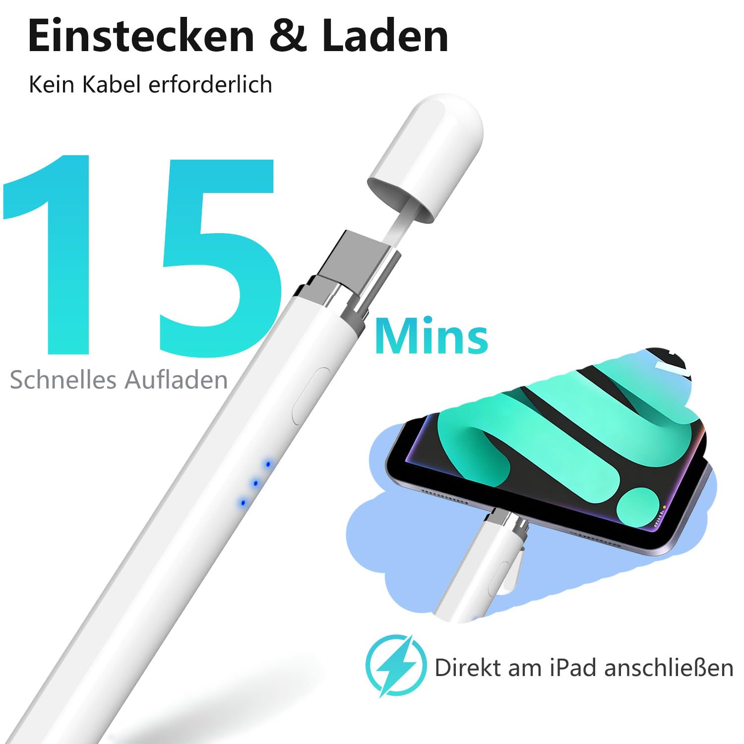 Pencil 1. Generation für Apple iPad, iPad Stift Mit Magnetische drahtlose Aufladung &Neigungssensitivität und Palm Rejection, Pencil USB C für iPad A16 11-6, Air 7/6/5/4/3, Pro M4/M3/M2, Mini 5/6