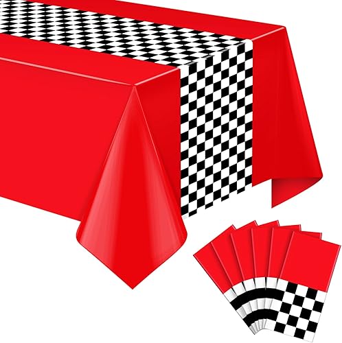 Vista 9 de Paquete de 3 manteles de plástico de auto de carreras, mantel desechable a cuadros rojos y negros, mantel rectangular a cuadros de búfalo