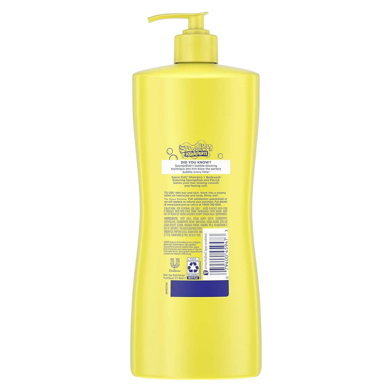 Suave 3-in-1 Shampoo and Body Wash for Kids, Nickelodeon JellyFish Splash Dermatologist Tested and Tear-Free, Strawberry Yellow, 828ml