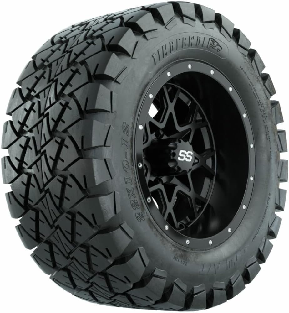 GTW 12 Inch Golf Cart Wheels and Tires Combo | Matte Black Vortex Wheels on 22x10-12 Timberwolf All Terrain Tires | Set of 4