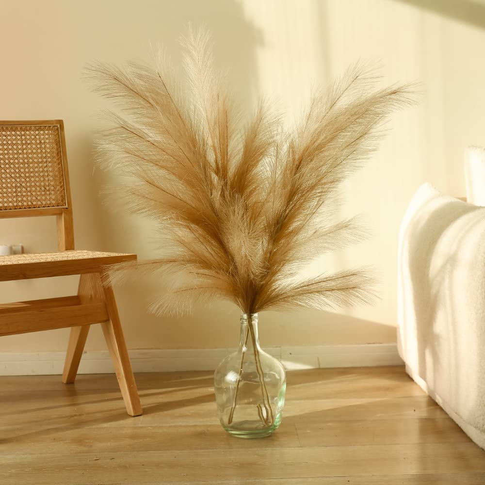Dallisten 43" Fake Dried Pampas Grass, 3 Pcs Natural Fluffy Coffee Faux Pompous Grass, Tall Artificial Pampas Grass Boho Decor for Floor Vase,Wedding, Living Room, Party, Home Decoration