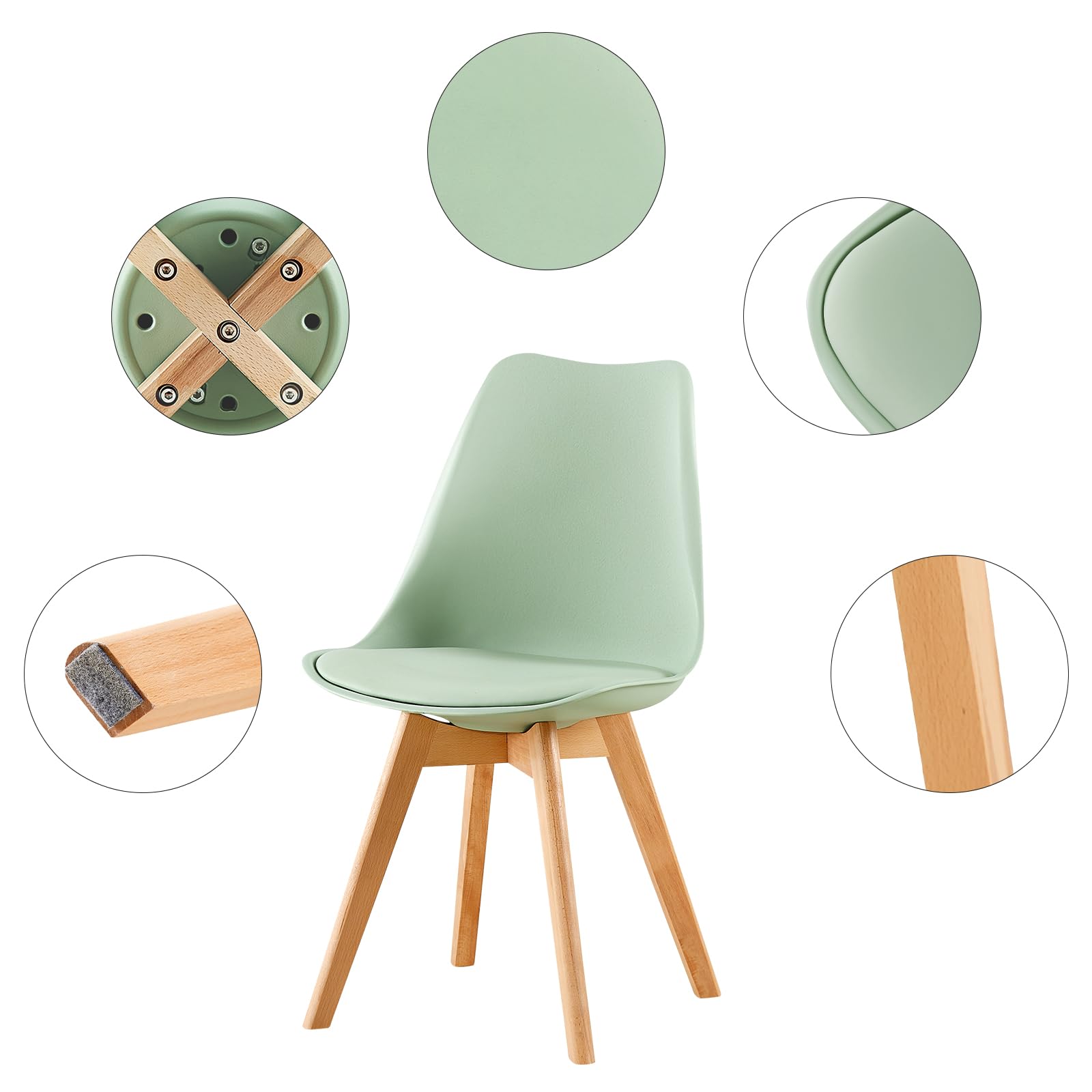EGGREE Pack de 4 Sillas Comedor, Sillas de Cocina Nórdico con Asiento Tapizado y Las piernas de Madera de Haya Maciza - Verde Helado