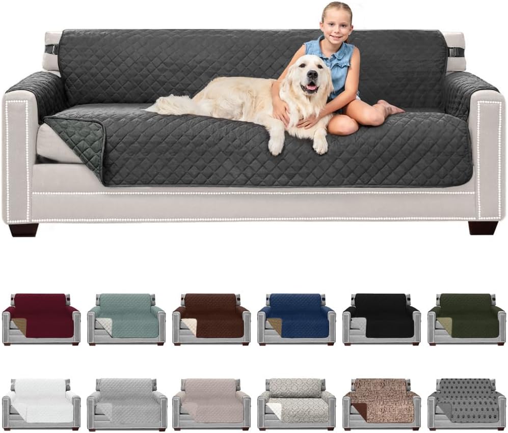 Sofa Shield Couch Slip Cover with Patented Strap, Cushion Protector, US Designed Reversible Stain and Dog Tear Resistant Slipcover, 78 inch Seat, Washable Covers for Dogs Pets Kids, Charcoal