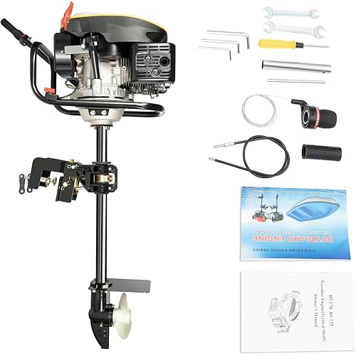 4-Stroke 9 HP Outboard Motor, 225cc 3800 RPM Heavy Duty Fishing Boats Motor Air-Cooling Adjustable Universal Shaft Inflatable Boats Engine with TCI Ignition System for Water Transportation