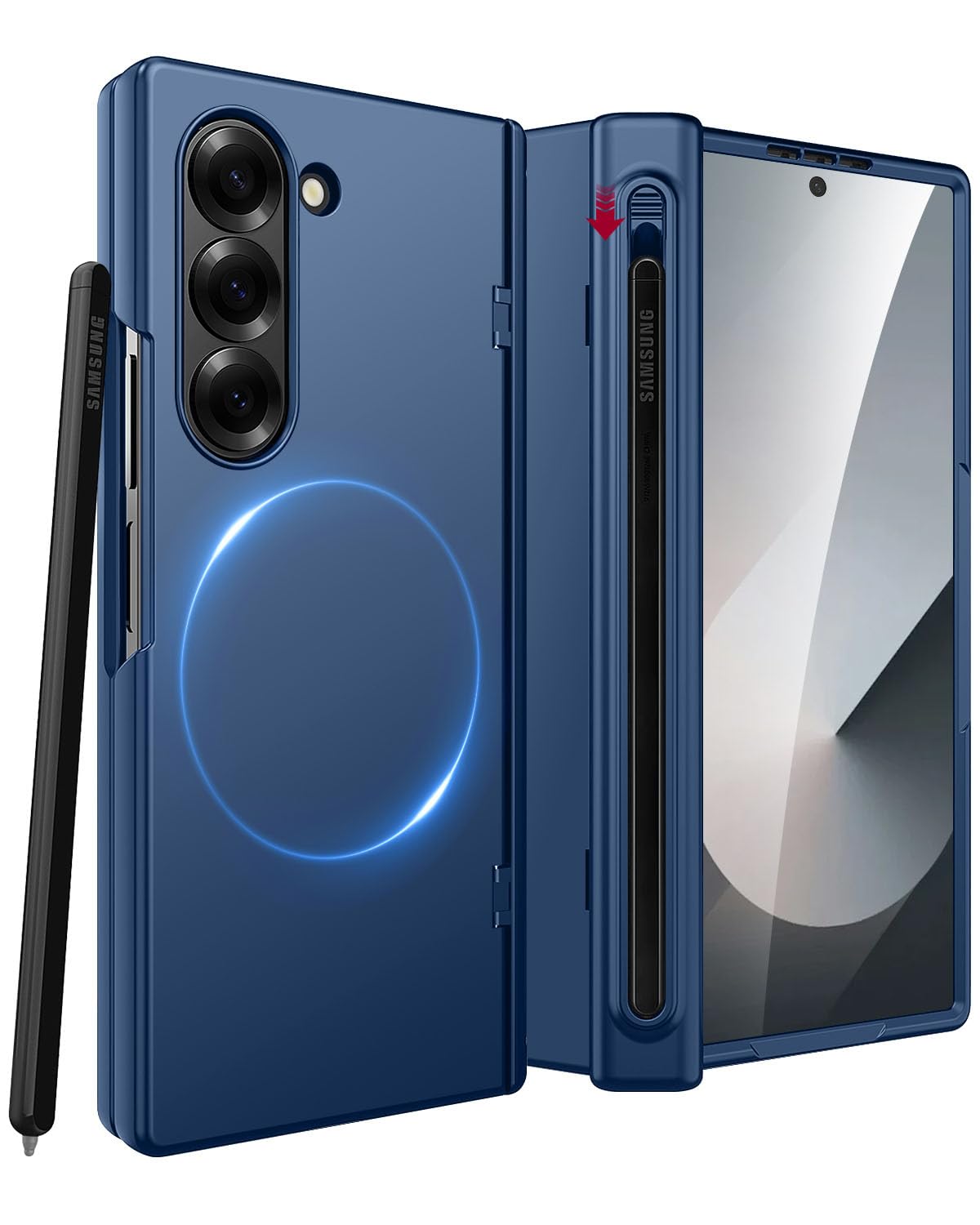 Miimall 対応 Galaxy Z Fold 7 ケース ペン付き MagSafe Sペンスロット ヒンジ保護 カバー 耐衝撃 Z Fold 7 Case バンパー フィルム付き 全面保護 滑り止め マット スマホカバー ギャラクシー Z フォールド7 携帯ケース (ブルー）