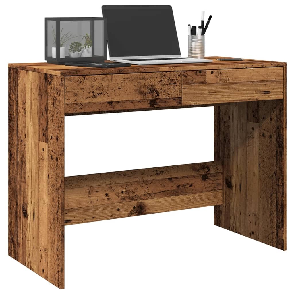 Escritorio con aspecto de madera envejecida, 101 x 50 x 76,5 cm, material de madera con 2 cajones, para oficina en casa, estudio, superficie lisa, mesa de trabajo estable