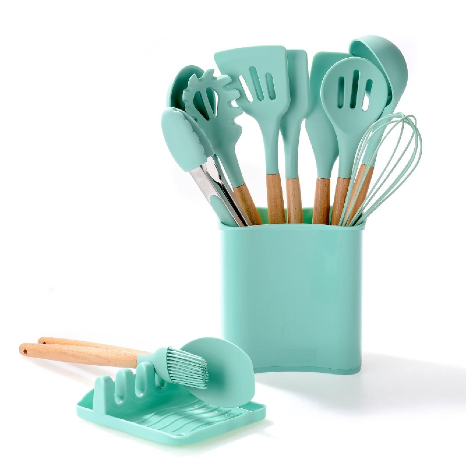 GTHTUHFD Cooking Spatulas And Spoons,Spoon Setcooking Utensils Set Silicone Kitchenware Scraper Oil Brush Egg Whisk Spatula Cooking Utensil Multipurpose Cookware,13pcs Geen