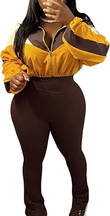 LKOUS Womens Sweatsuits 2 Piece Set,Color Block Long Sleeve Crop Top and Flared Pant Jogger Sets