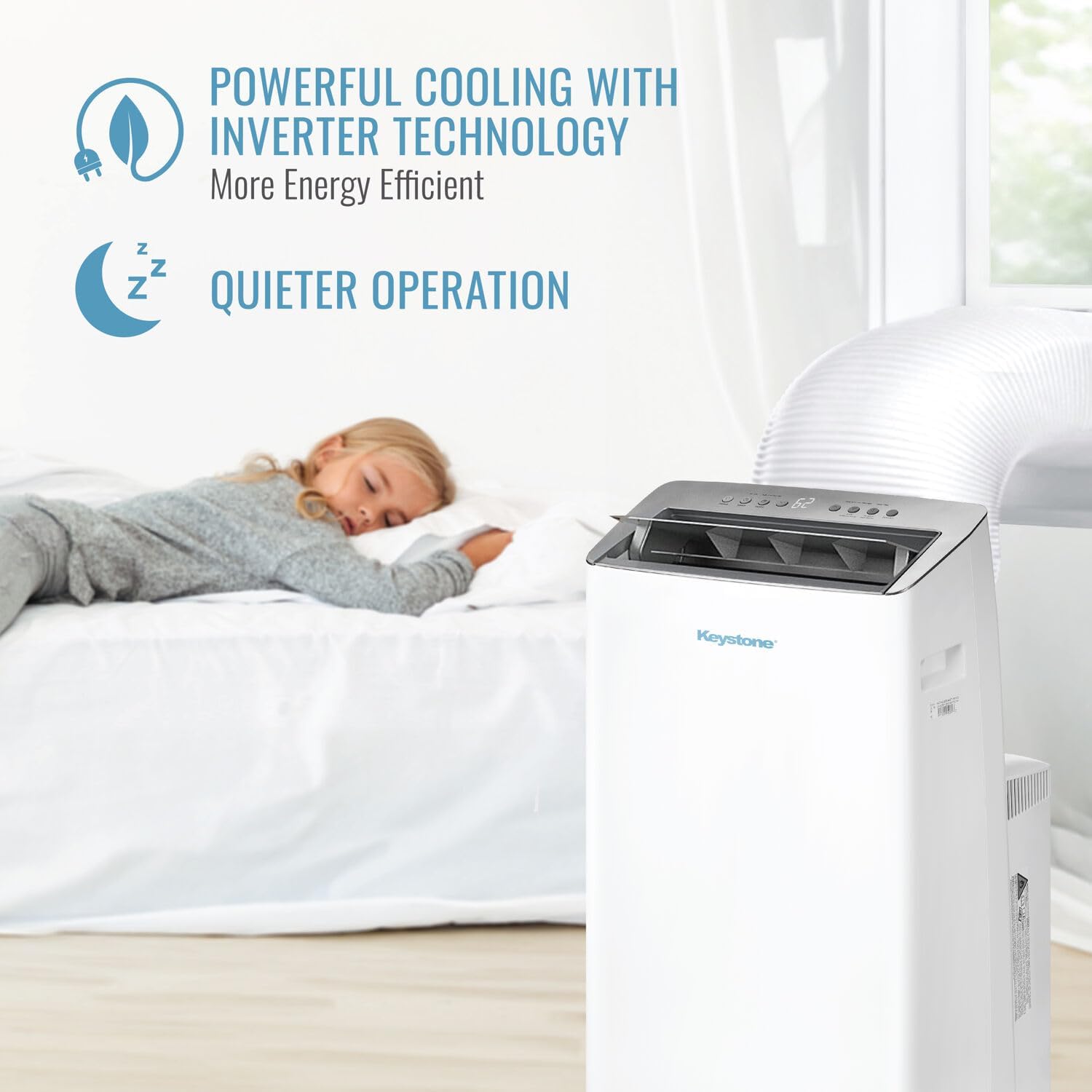 Keystone 12,000 BTU ASHRAE/10,000 BTU DOE Portable Inverter Air Conditioner with Quiet, High Efficiency Operation and Remote, AC Unit for Apartment, Living Room, Medium Rooms up to 450-Sq. Ft.
