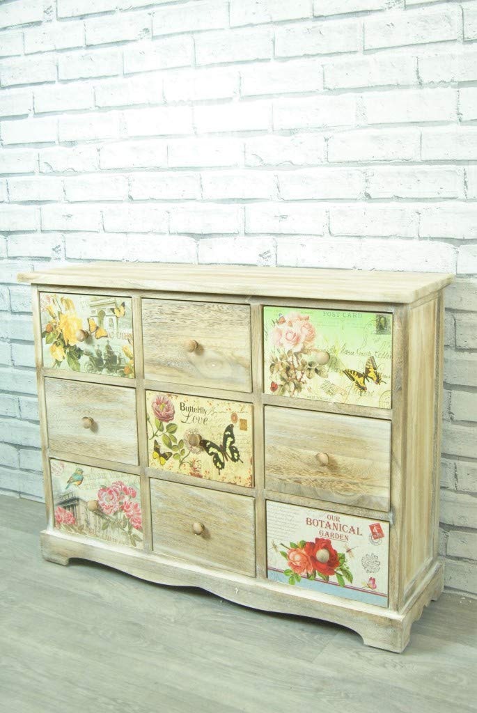 Furniture Chest Of Drawers Narrow Low Wide 9 Drawer Light Wood With Butterflies And Flowers Yellow Pink Cream Buy Online In Aruba At Desertcart
