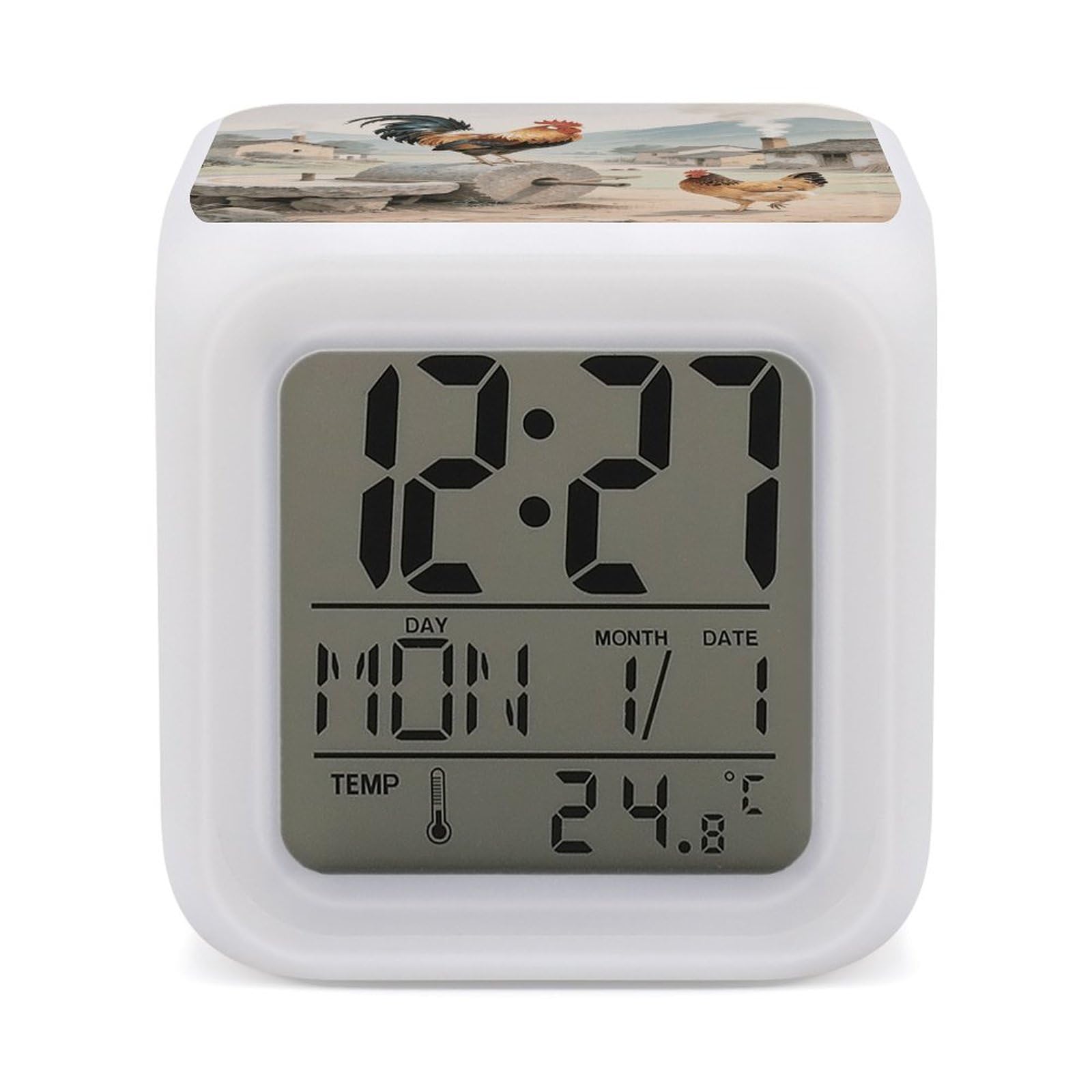 VstaDank Beautiful Rooster Alarm Clock Sleep Trainer 7 Color Changing Night Light Modern Touch Bedside Lamp Fashion Digital Clock with Temperature Display Wake Clocks for Loud Alarm