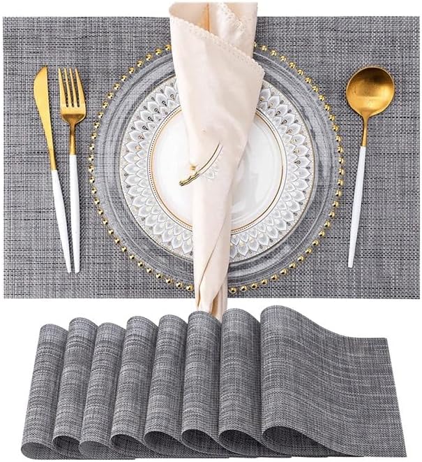 Nordic Placemats Set of 8 Bowl Mats Anti-skidding Decor Placemats Vinyl Woven Table Mats for Kitchen Dining Room(Gray)