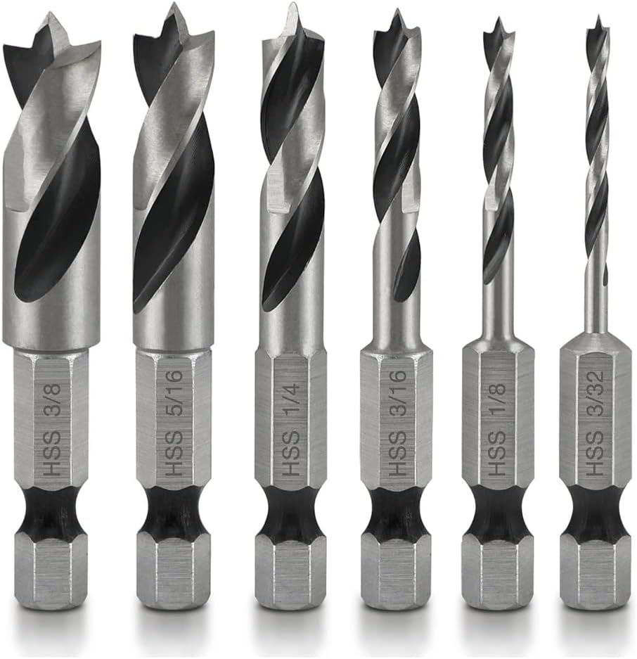 6pcs Brad Point Drill Bits Set1/4-Inch Hex Shank HSS Stubby Drill Bit for Wood 3/32, 1/8, 3/16, 1/4, 5/16, 3/8
