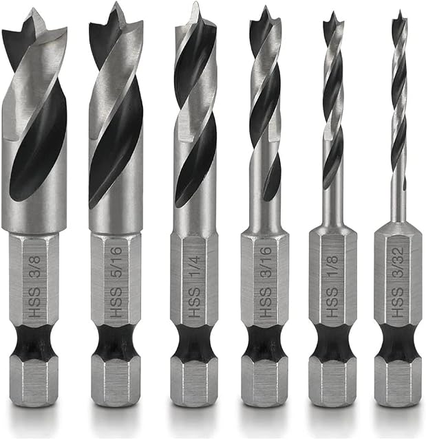 Gasea 6pcs Stubby Drill Bit 1/4-Inch Quick Change Hex Shank HSS Brad Point Tip Woodworking Drill Bits Set 3/32, 1/8, 3/16, 1/4, 5/16, 3/8