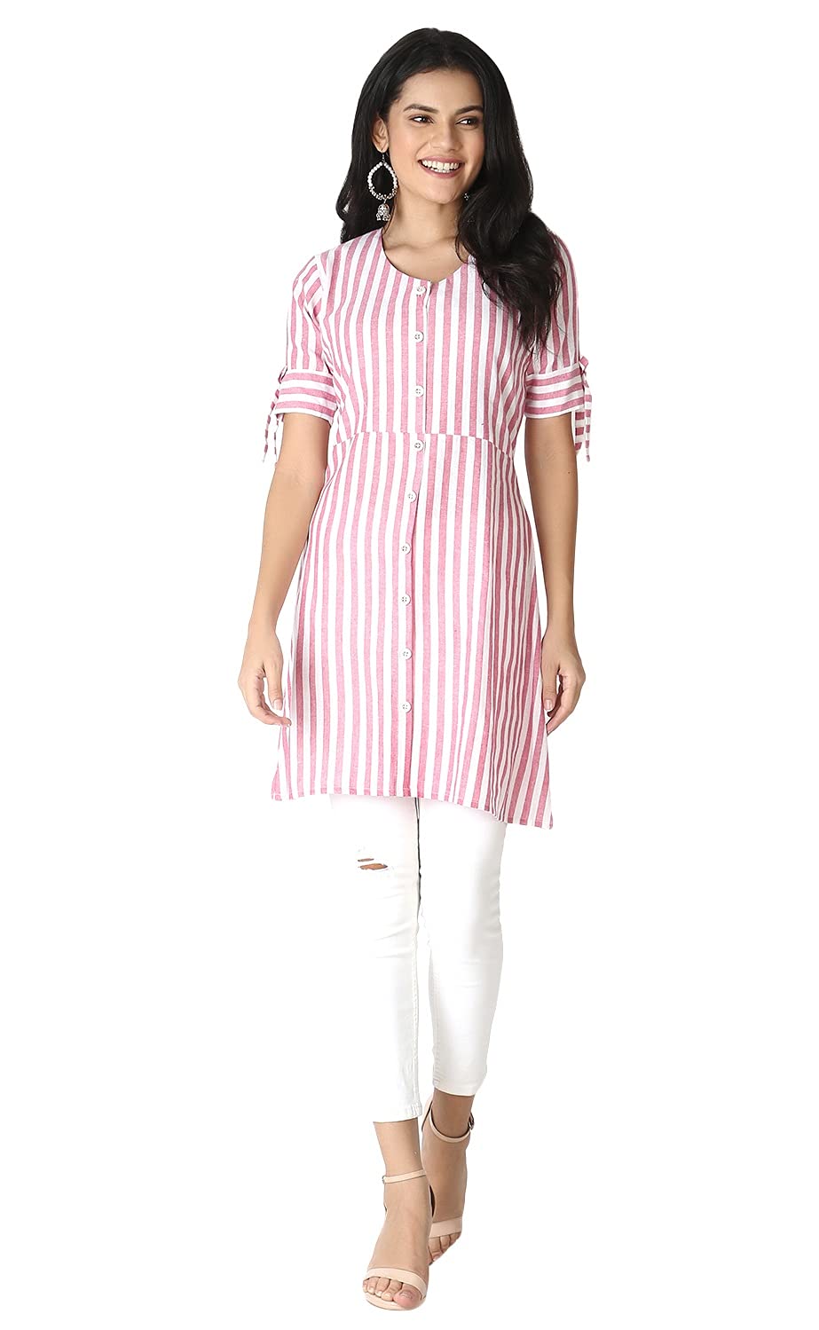 Om Sai Latest Creation Women's Slub Rayon 3/4 Sleeves Stitched Kurtis (Pink, Large)