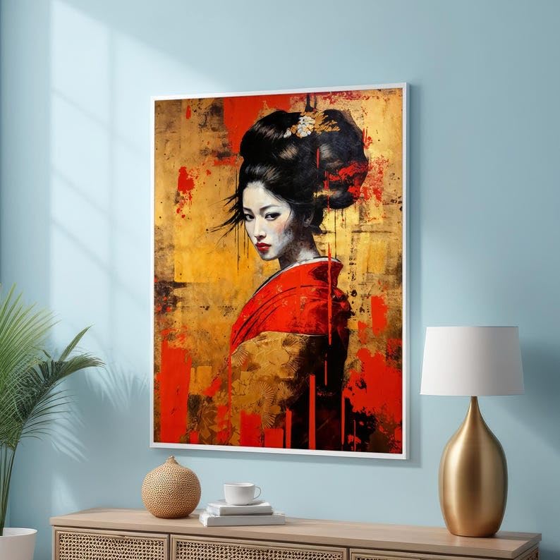 Tableau geisha kimono rouge 30x40 | Estampe japonaise moderne art abstrait or