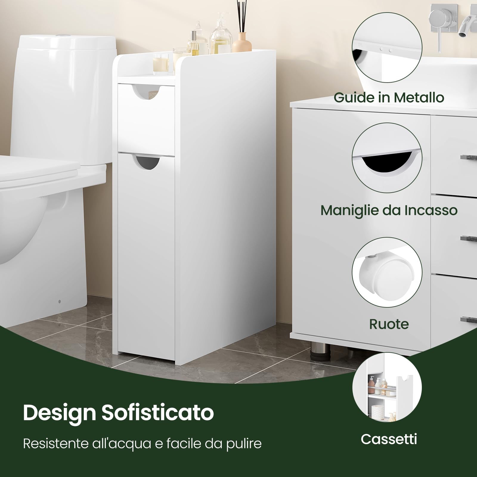 EUGAD Mobile Bagno Stretto con 2 Cassetti, Mobiletto Compatto Salvaspazio, Armadietto Bagno Verticale, Multifunzionale con Ripiano Aperto, Bianco