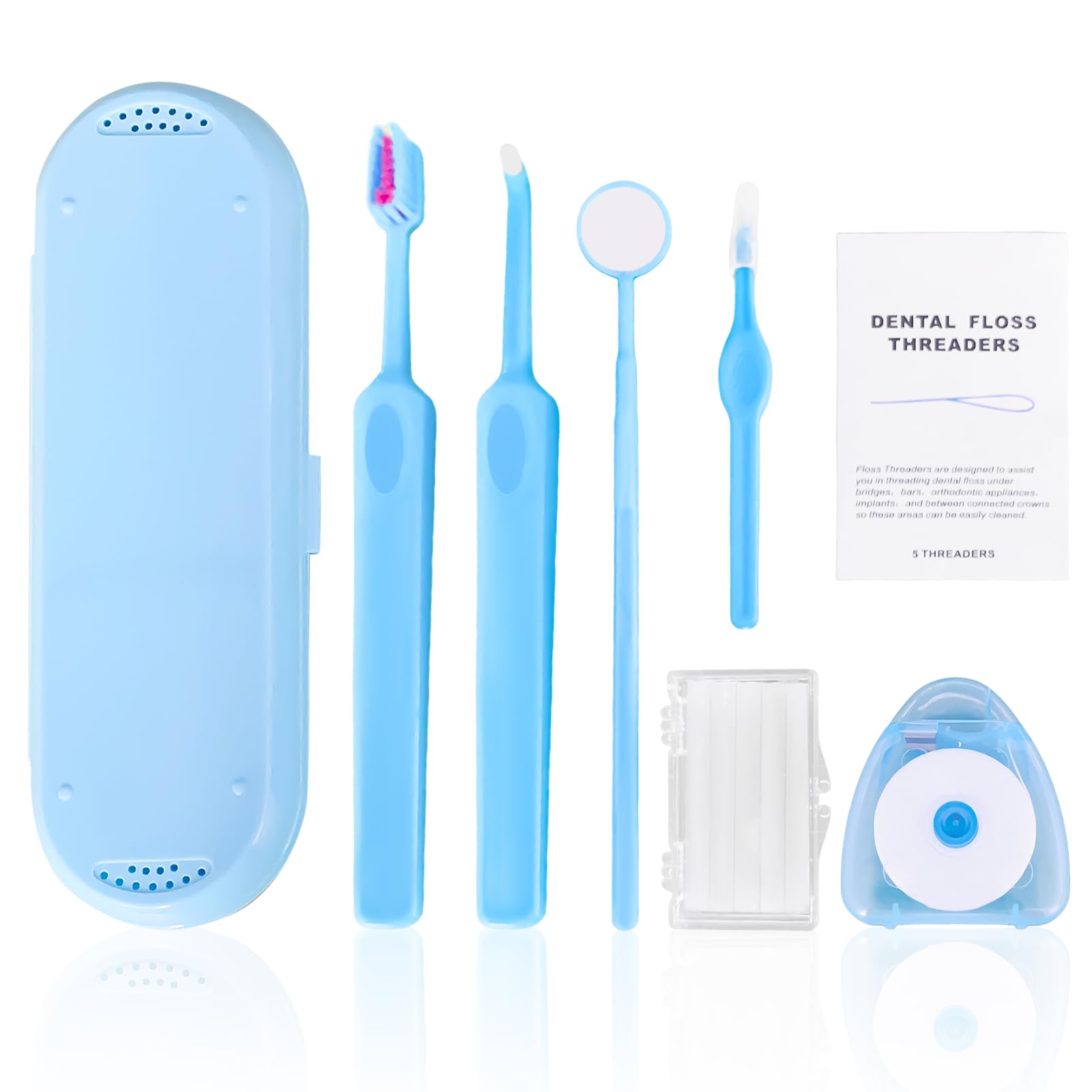 7-in-1 Orthodontic Oral Care Kit with Case – Toothbrush, End Tuft Toothbrush, Dental Mirror, Interdental Brush, Dental Floss and Threaders, Dental Wax, Portable Hygiene Set for Braces Daily Use (Blue)