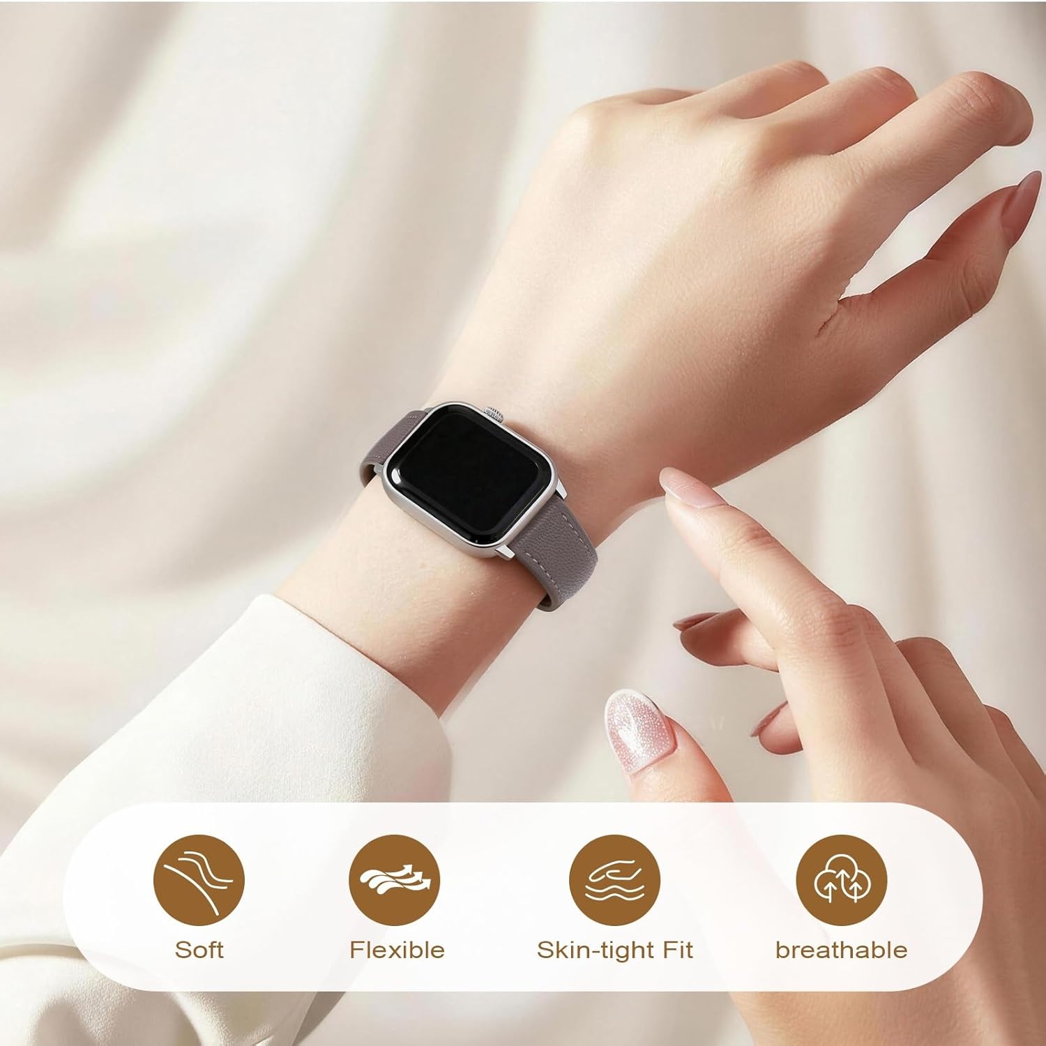Slim Soft Women Leather Bands Compatible with Apple Watch Band 38mm 40mm 41mm 42mm, Top Grain Thin Straps Goatskin Leather Wristband for iWatch Serise 11/10/9/8/7/6/5/4/3/2/1/SE