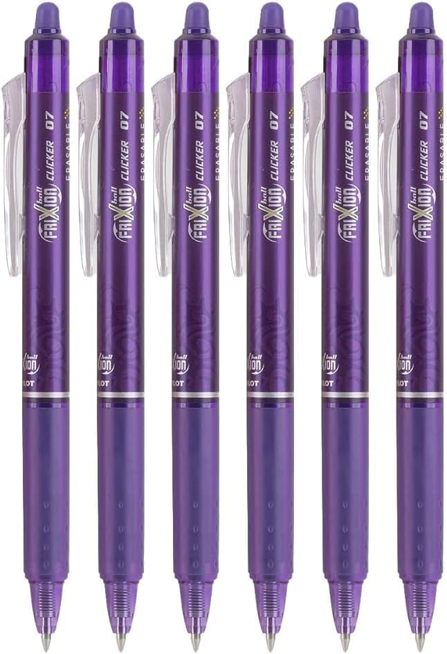 Advantage Gifts Frixion Clicker Retractable Erasable Gel Pens Fine Point (.7mm) Purple Ink 6-pk; Bundle with Plastic Reusable Pouch