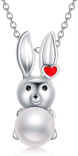 Bunny Necklace For Women 925 Sterling Silver Rabbit Pearl Pendant Love Epoxy Eye With Black CZ Freshwater Pearls Jewelry Gifts For Animal Lover