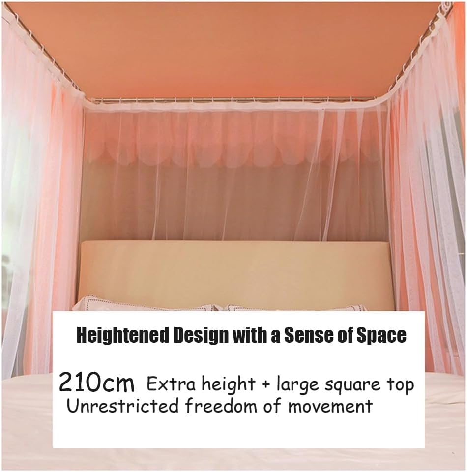 Large Elegant 4 Corners Post Ruffle Double Layer Sheer Mesh Princess Canopy Bed Curtains for Girls Adults,Canopy Drapes for Full/Queen/King Size Bed Bedroom Decoration(Orange,200x220cm/King)
