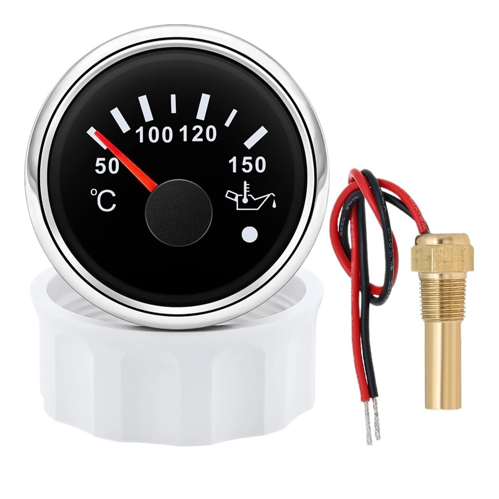 Wskaźnik temperatury oleju z 7 kolorami światła i migającym alarmem, miernik temperatury oleju LED 52 mm + czujnik 1/8NPT do łodzi samochodowej Uniwersalny(Black silver)