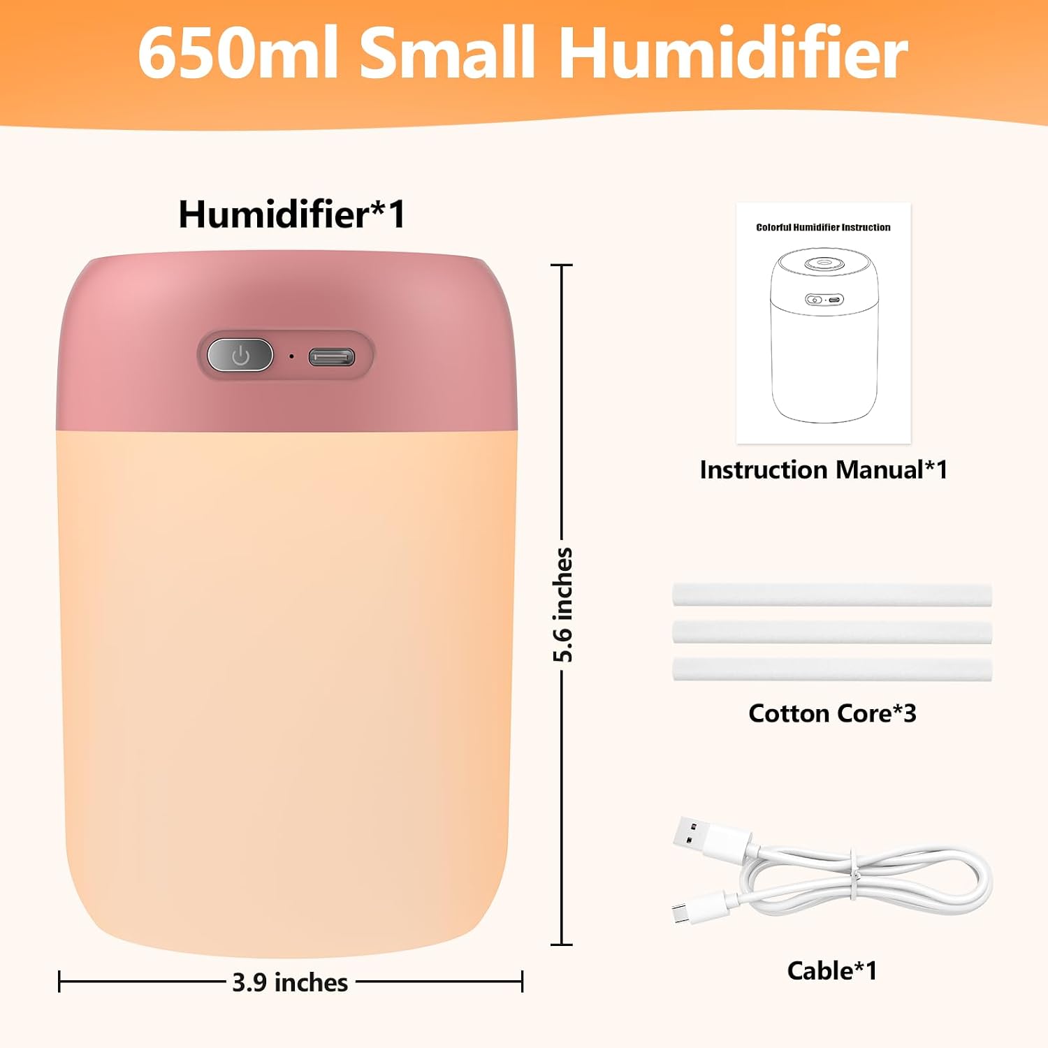 Portable Small Humidifier, 650ml Colorful Mini Humidifier for Bedroom, Office Desktop, Baby Room, Plants, Cool Mist Humidifiers(Deep Pink)