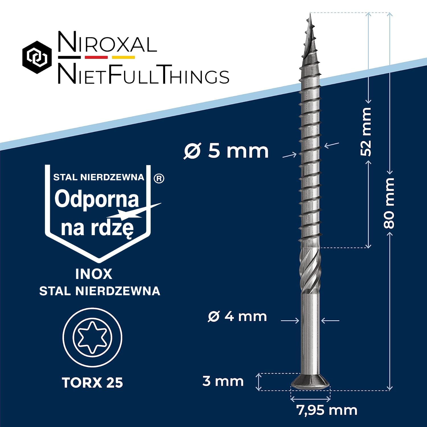 Wkręty tarasowe ze stali nierdzewnej A2 (V2A) TX25 5x80 mm – 800 szt. – Wkręty do desek tarasowych z częściowym gwintem