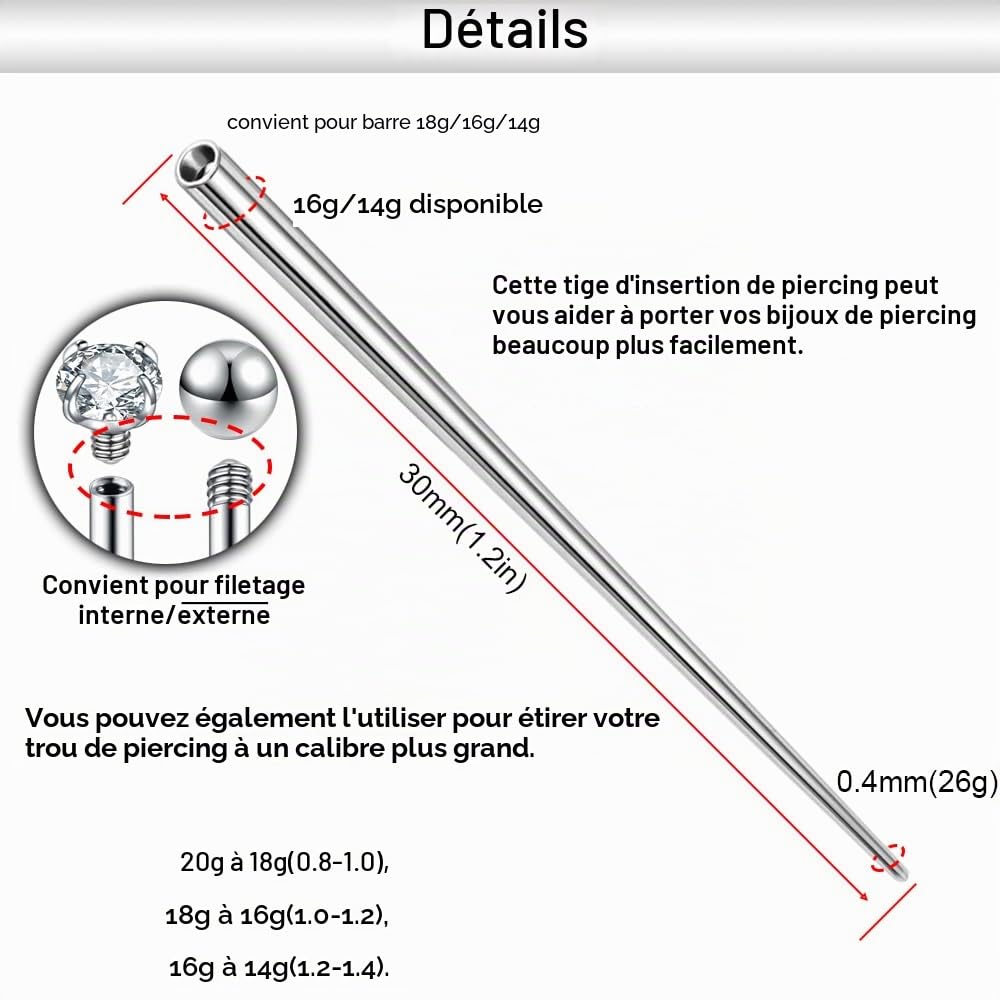 14 g/16 g/18 g ASTM F136 Piercing conique en titane pour tragus/hélix/lèvre/nez/hélix/piercing bijoux Knorpel Ohrringe Labret nez Stud Outil assistant