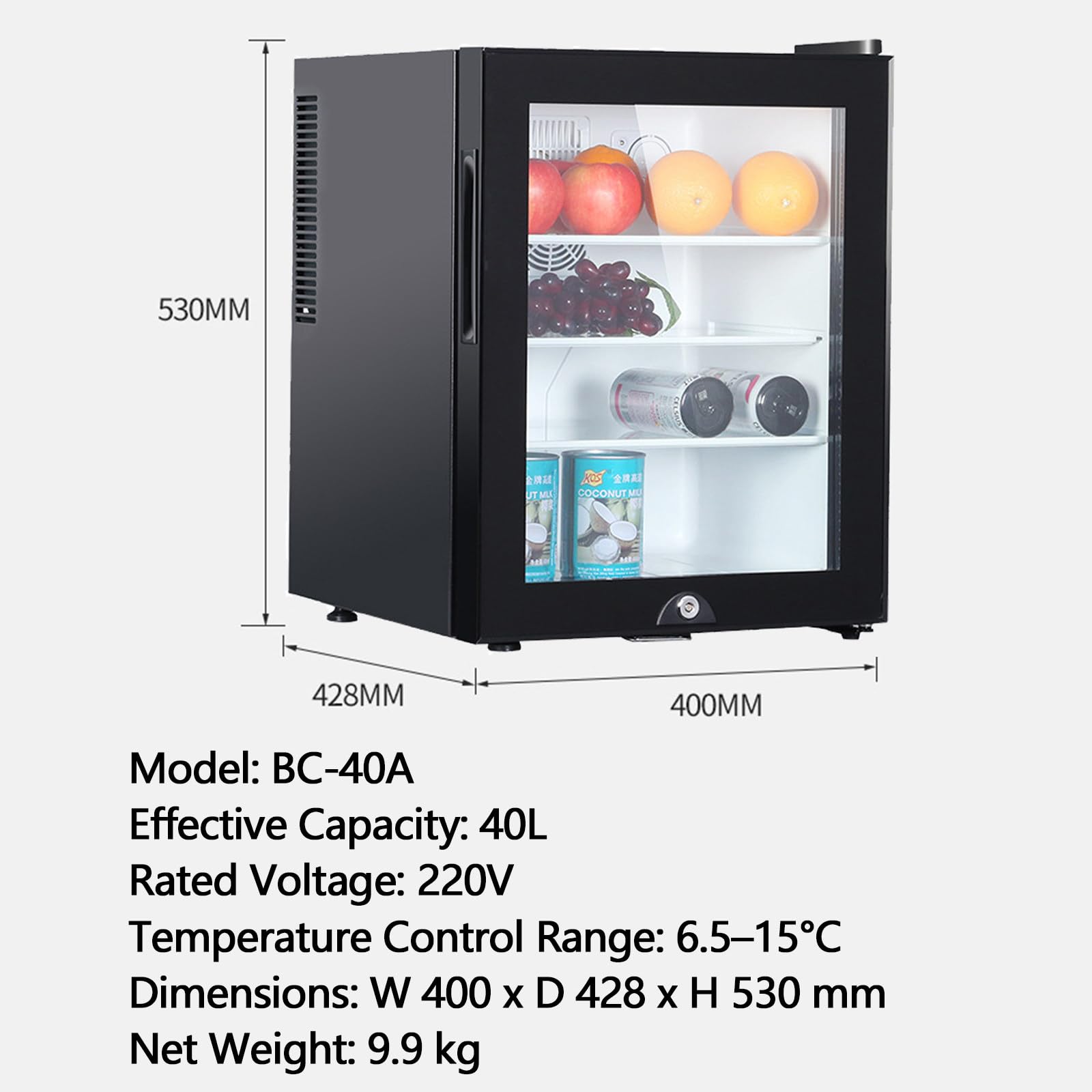 Mini Puerta De Cristal para Nevera con Cerradura para Habitaciones De Hotel,Dormitorios,Acero Inoxidable,Ahorro De Energía,Bajo Ruido,Nevera Compacta para Refrescos,Cerveza,Vino 40L