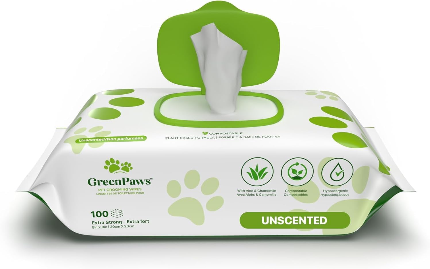 Premium Unscented Dog Wipes for Paws and Butt 100 Count - Compostable, Plant Based Dogs and Cat Wipes, Strong Grooming Pet Wipes for Dogs and Cats - Use on Body, Bum, Ear & Paws (Pack of 1)