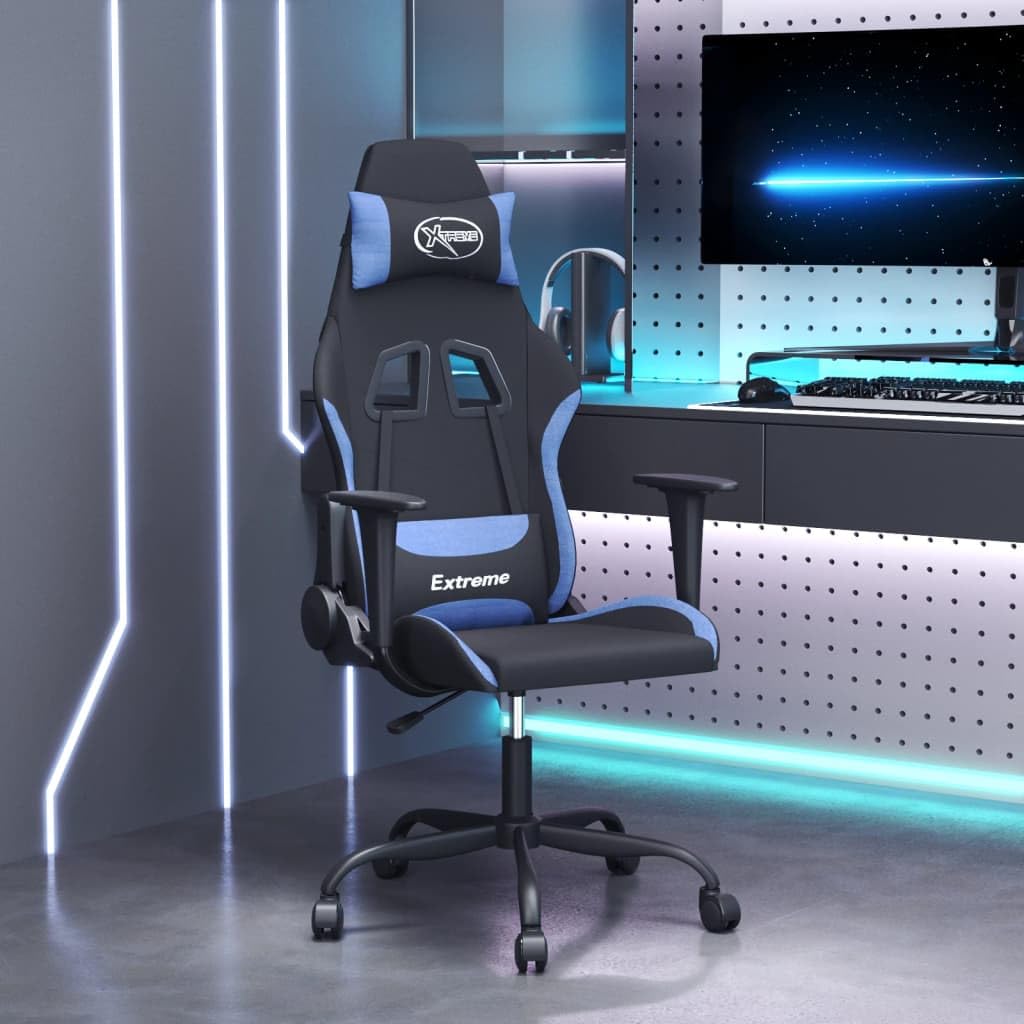 Gaming-Stuhl Schwarz Blau Stoff mit Verstellbarer Rückenlehne und 360 Grad Drehfunktion Ergonomischer Bürostuhl mit Armlehnen und Lendenkissen für Homeoffice Jugend PC Esport