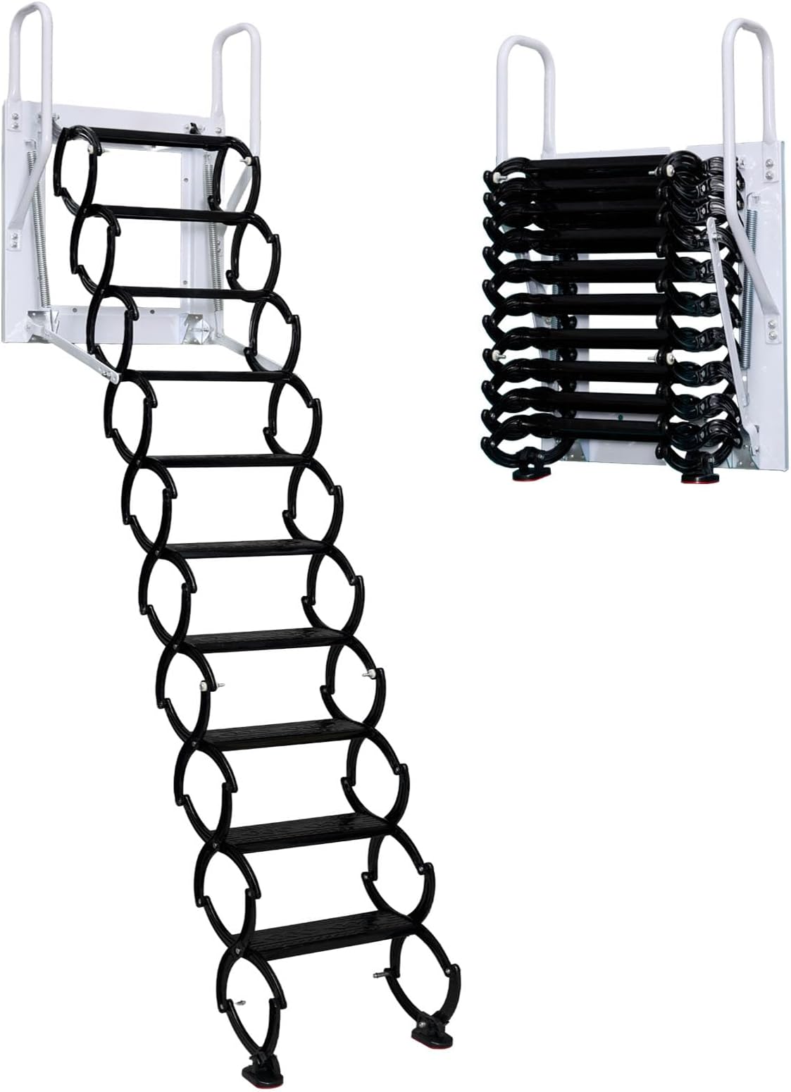 Wall Mounted Folding Stairs, Telescoping Attic Ladder Pull Down System, 10 Steps Attic Ladders, Portable Pull Down Staircase, Folding Loft Ladder for Attic, Garages, Roofs (Black, 10 Steps)
