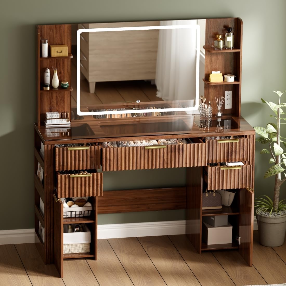 47.2" Fluted Makeup Vanity Desk with Large 28.7" Mirror and Lights, 5 Drawer Vanity with Power Strip, 6 Open Shelves, 2 Cabinet, Modern Bedroom Vanity Featuring Visual Transparent Glass. Walnut