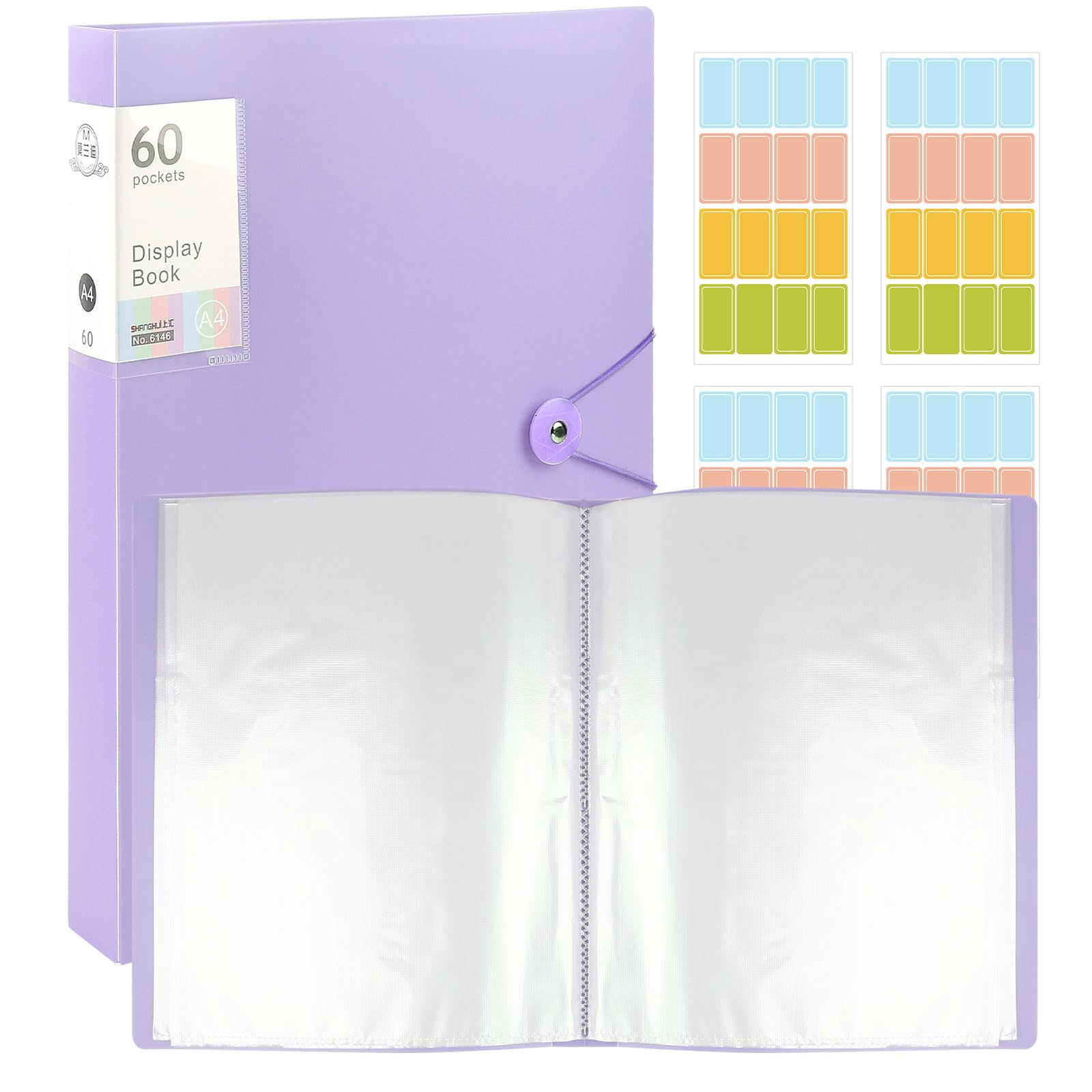 2 Pcs A4 Display Folders with 4 Stickers, 60 Pockets Document Folder with Plastic Sleeves & Elastic Buckle, Display Book Folders for School, Office & Business Use (Purple)