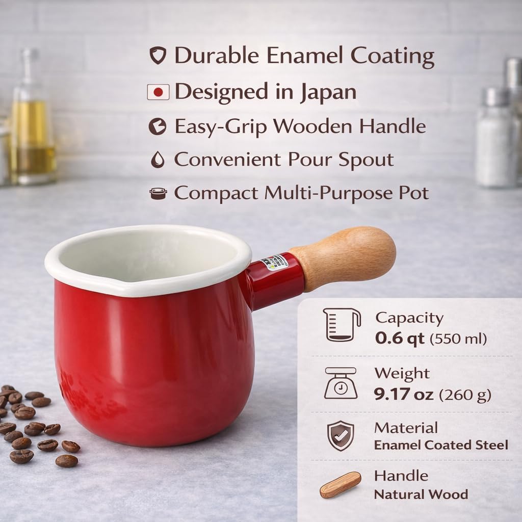 0.6qt Mini Enamel Milk Pot [ Designed in Japan ] 18.6 fl oz Butter Melter Milk Boiler Mini Saucepan with Pour Spout Butter Melting Pot Milk Pot for Stove Chai Pot (Red)