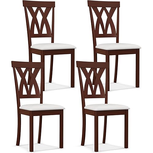 GOFLAME Wood Dining Chairs Set of 4, Upholstered Kitchen Side Chairs with Padded Seat, Rubber Wood Frame, Elegant Hollowed Backrest, Armless Dinette Chairs for Dining Room, Living Room