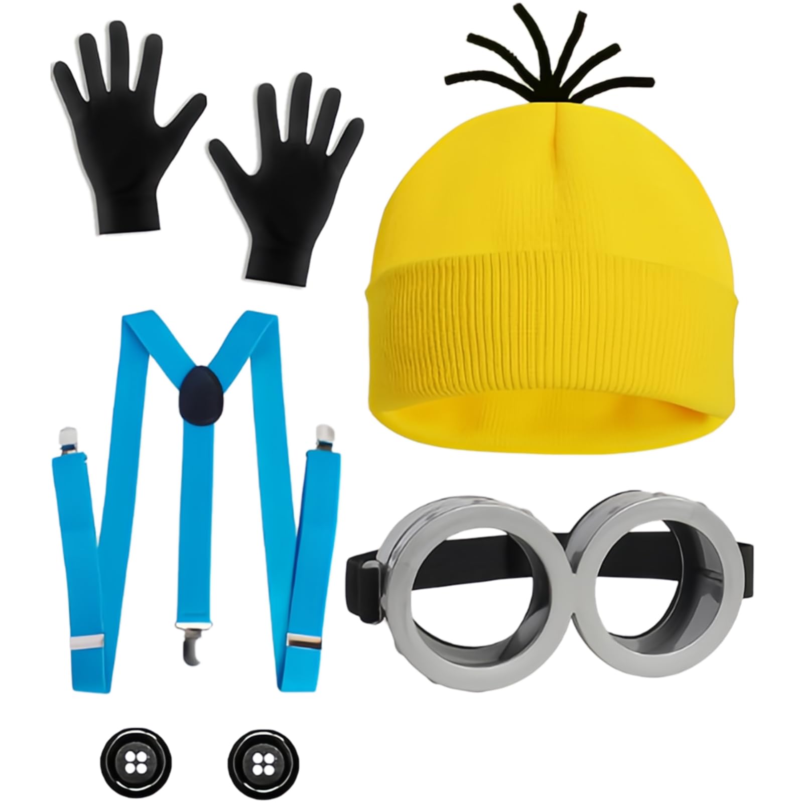 EWRGIJ Costume Accessory, Halloween Costume, 6 Pcs Accessories Set, Steampunk Goggles, Yellow Beanie, Black Gloves, Buttons and Blue Sling, Cute Funny for Cosplay Party (6pcs yellow)
