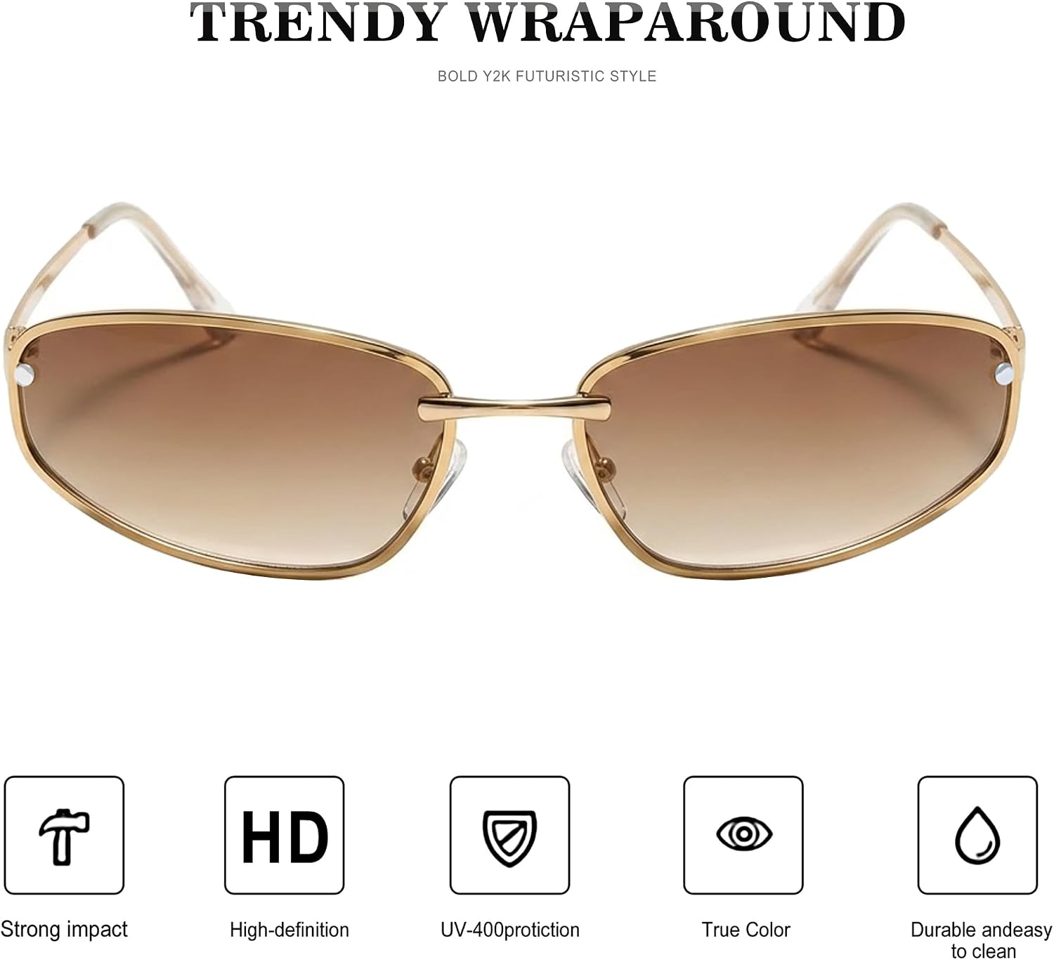 Y2K Sunglasses for Women, Metal Wrap Around Oval Shades, UV400 image 2
