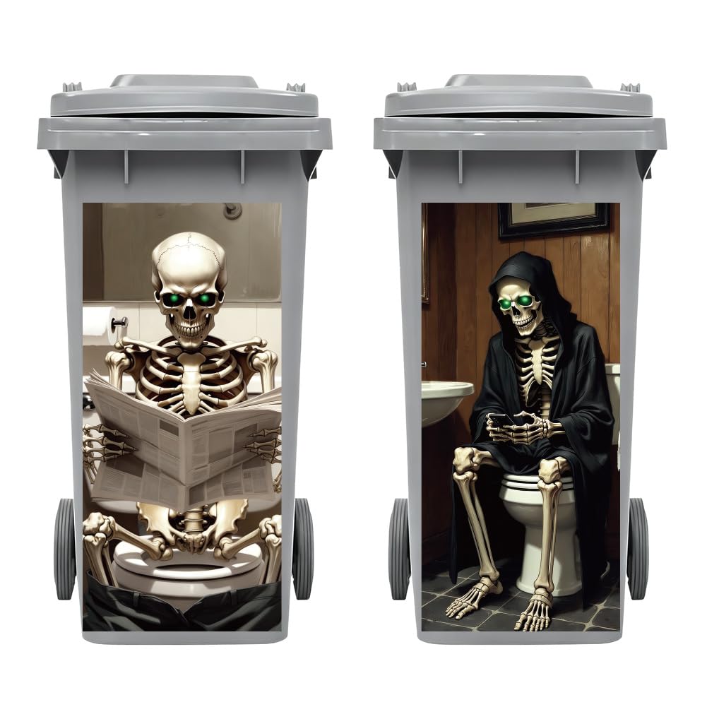 Peacoblue Toilet Skull Trash Can Sticker, Waterproof Wheelie Bin Decal