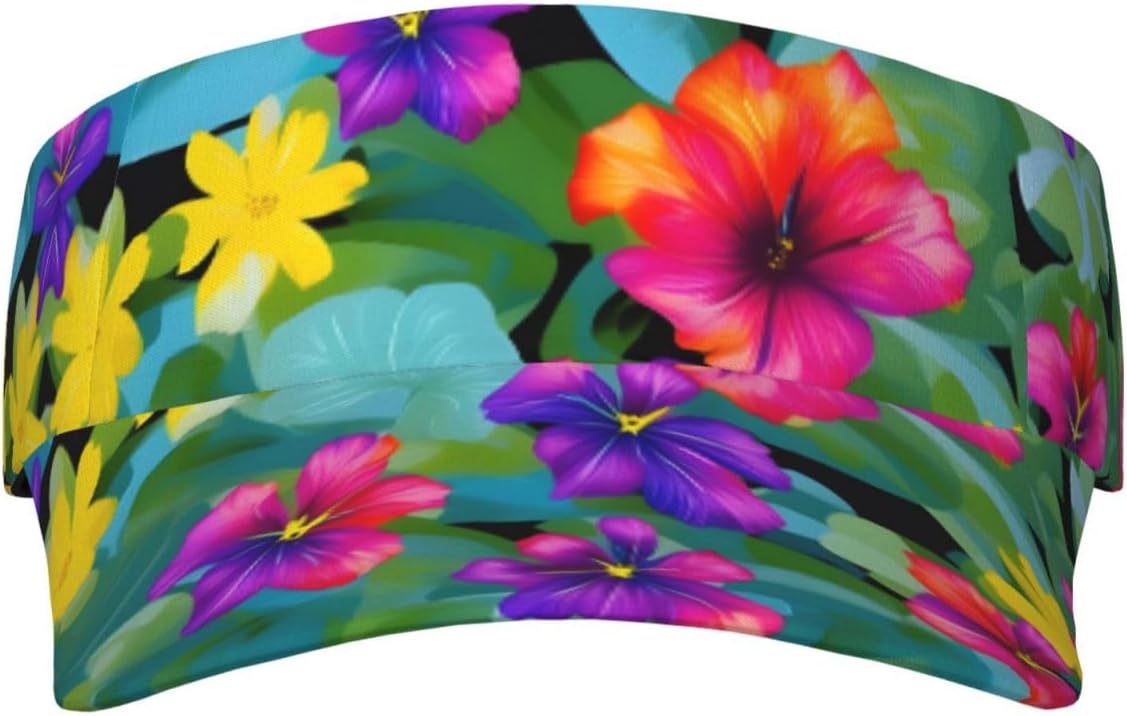 Hawaiian Colorful Flower Print Sports Sun Visor Hats,Adjustable Sun Caps for Men Women Adults Lightweight