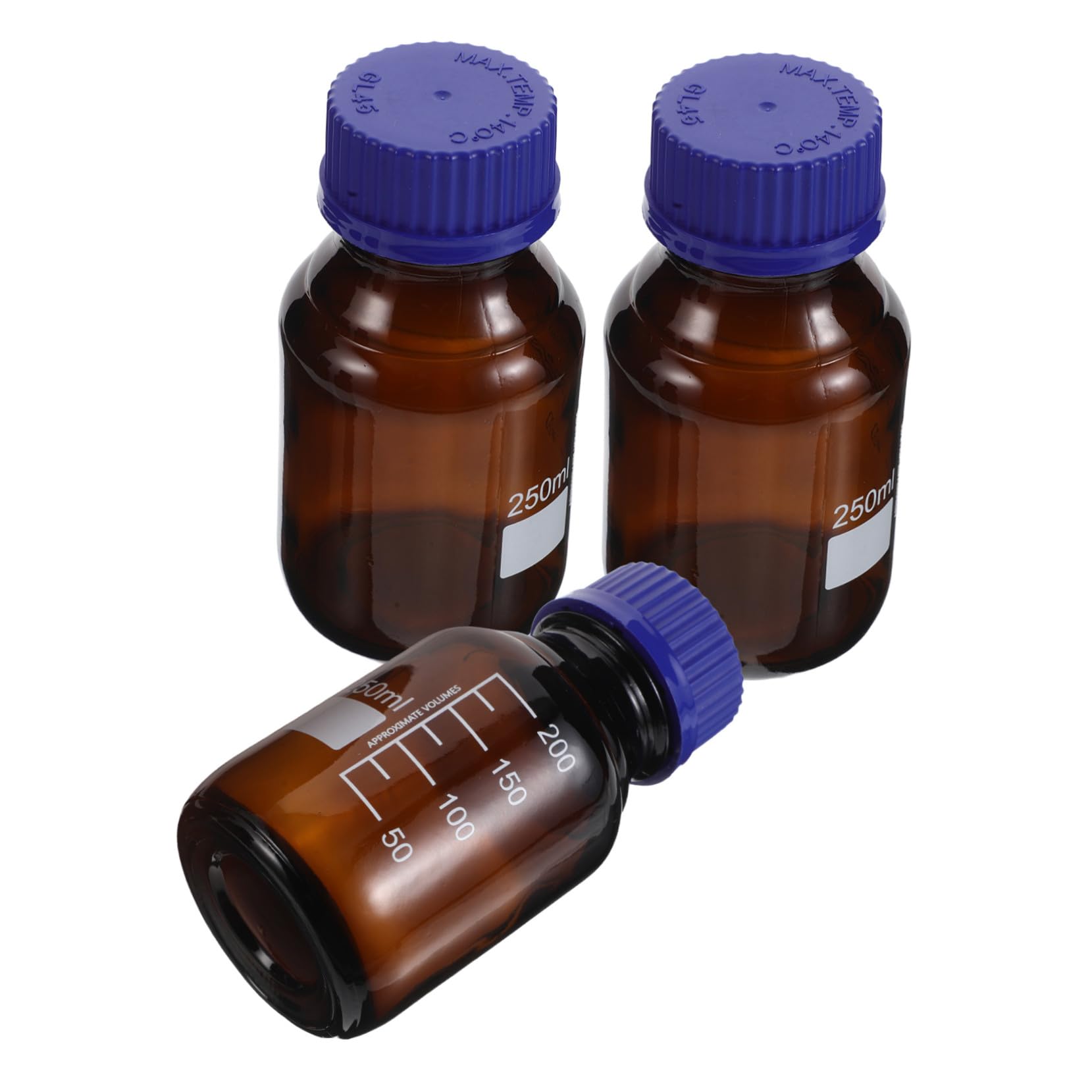 STOBAZA Flacons de Laboratoire Bouteilles de Stockage Lot de 3 en Verre Marron avec Protection UV de 250ml et Bouchons pour Produits Chimiques en Laboratoire