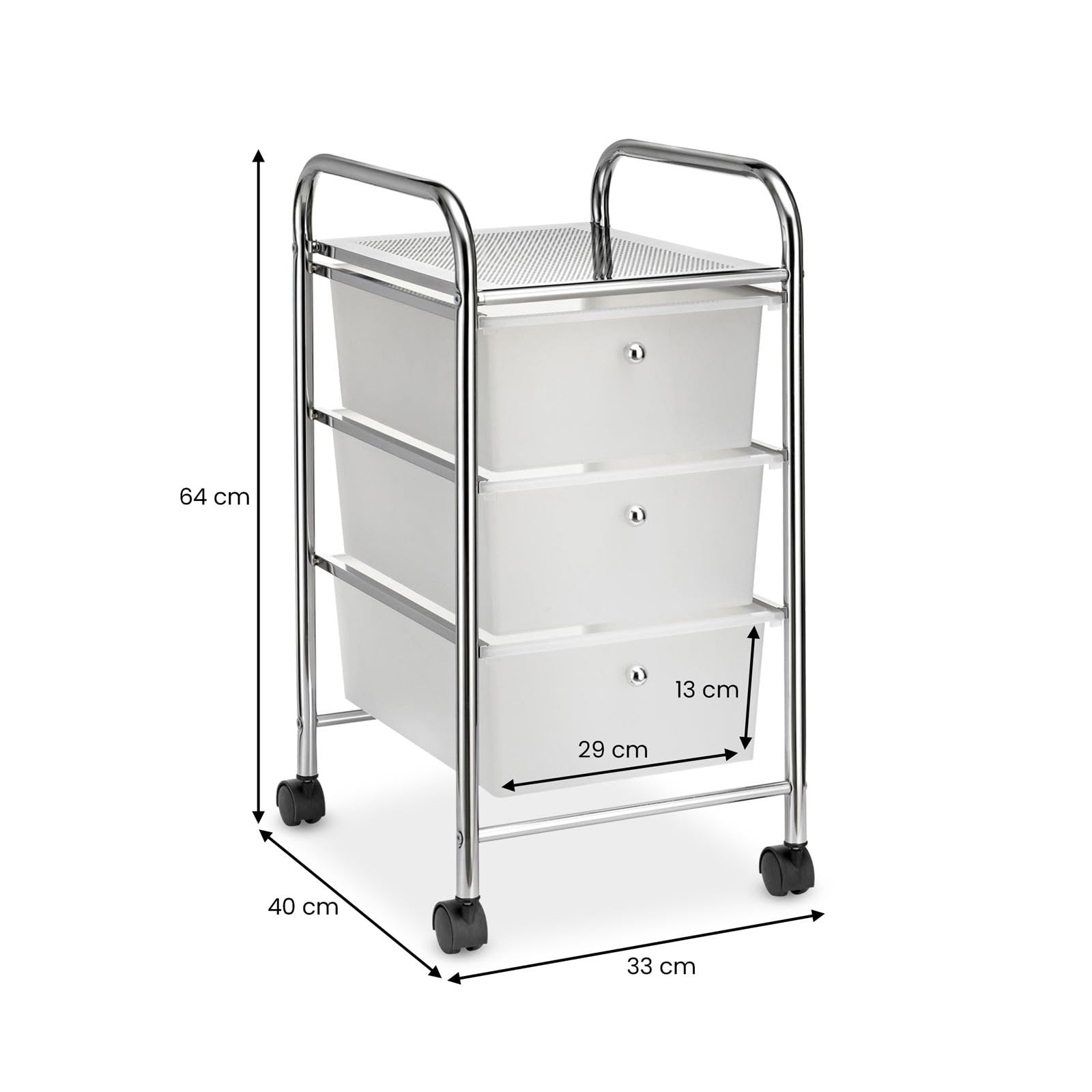 IDIMEX Caisson sur roulettes GINA Chariot avec 3 tiroirs en Plastique Blanc Transparent et 1 étagère, Meuble de Rangement pour Salle de Bain en métal chromé