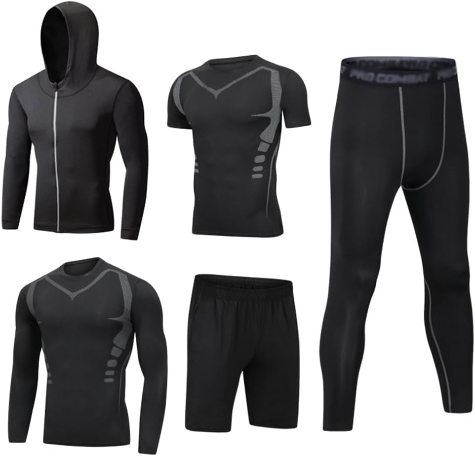Mens 5pcs Sports Gym Fitness Clothing Set Hoodies Jackets+Long Sleeve+Short Sleeve Base Layers T Shirts+Loose Fitting Shorts+Compression Pants for Workout Training Running Tracksuits S