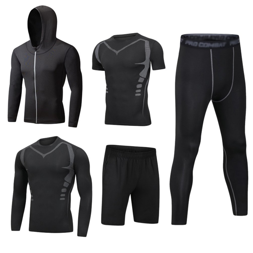 Mens 5pcs Sports Gym Fitness Clothing Set Hoodies Jackets+Long Sleeve+Short Sleeve Base Layers T Shirts+Loose Fitting Shorts+Compression Pants for Workout Training Running Tracksuits S