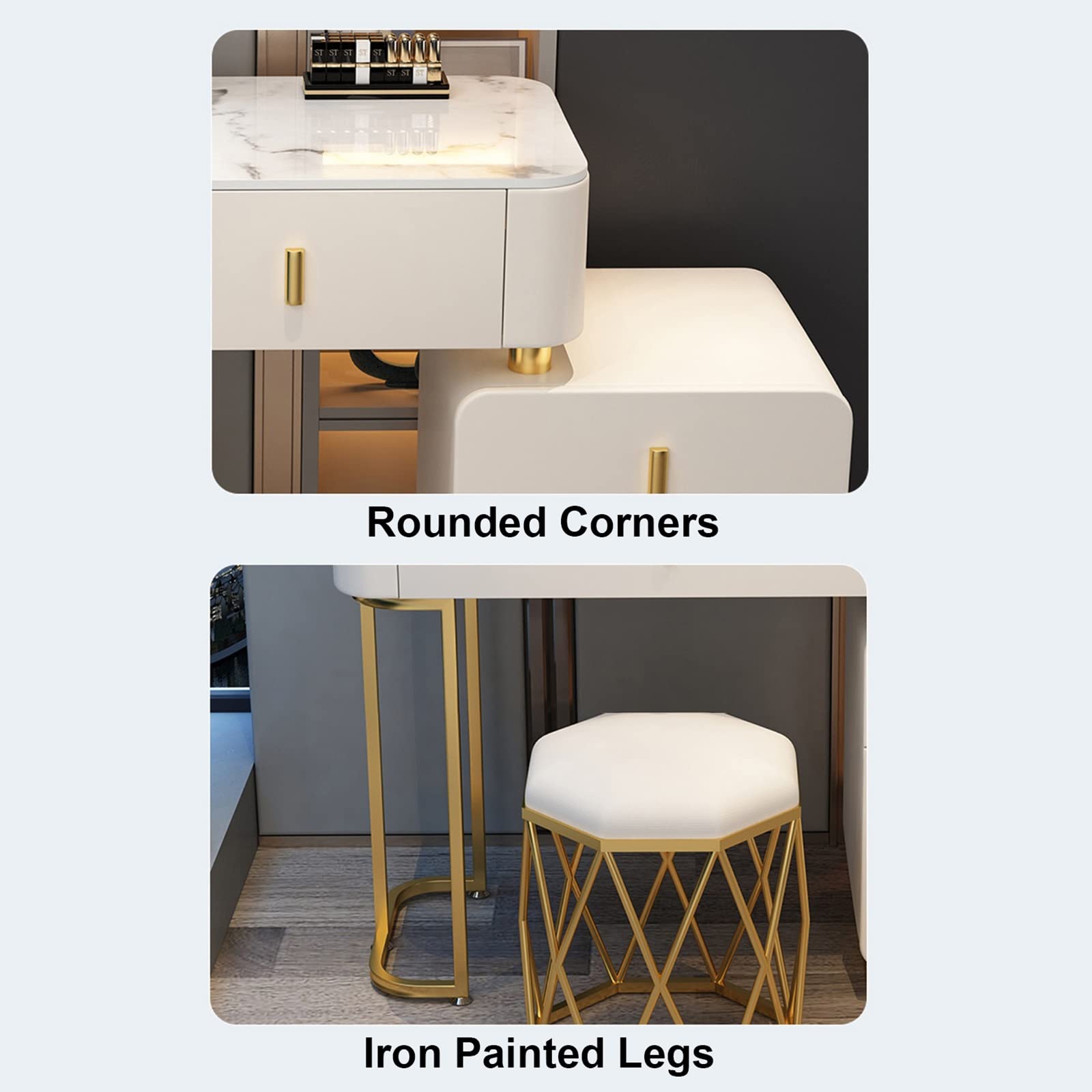Vanity moderno per il trucco con luci, grande tavolo da toeletta regolabile con illuminazione a 3 colori, elegante design grigio, include comodino mobile e sgabello in peluche, perfetto per gli amanti